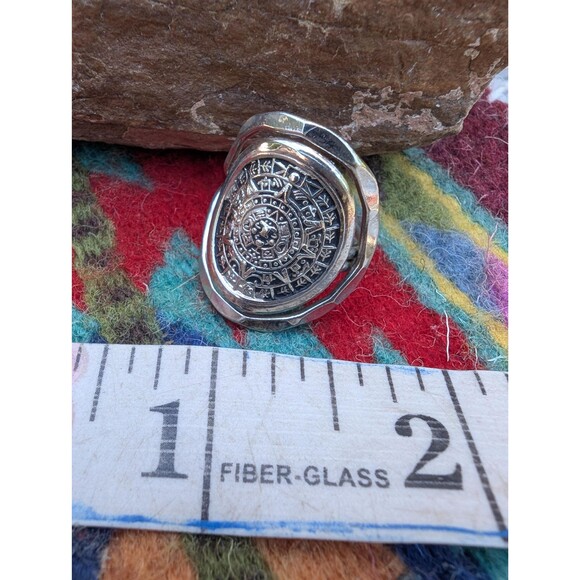 Vintage Aztec Calendar Ring, Southwestern Silver Ring Size 8 - Picture 7 of 10